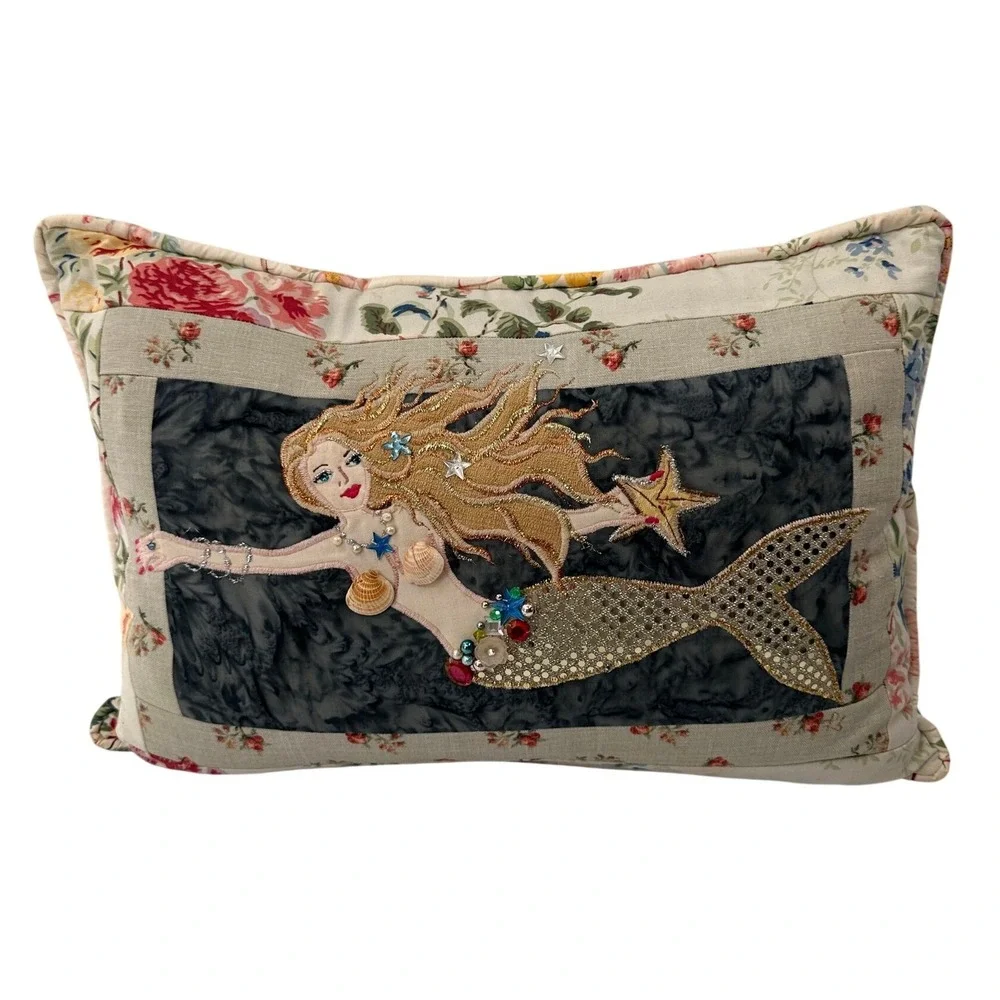 Handmade Mermaid Accent Pillow Embroidered Shells Floral 20x13 Coastal Decor